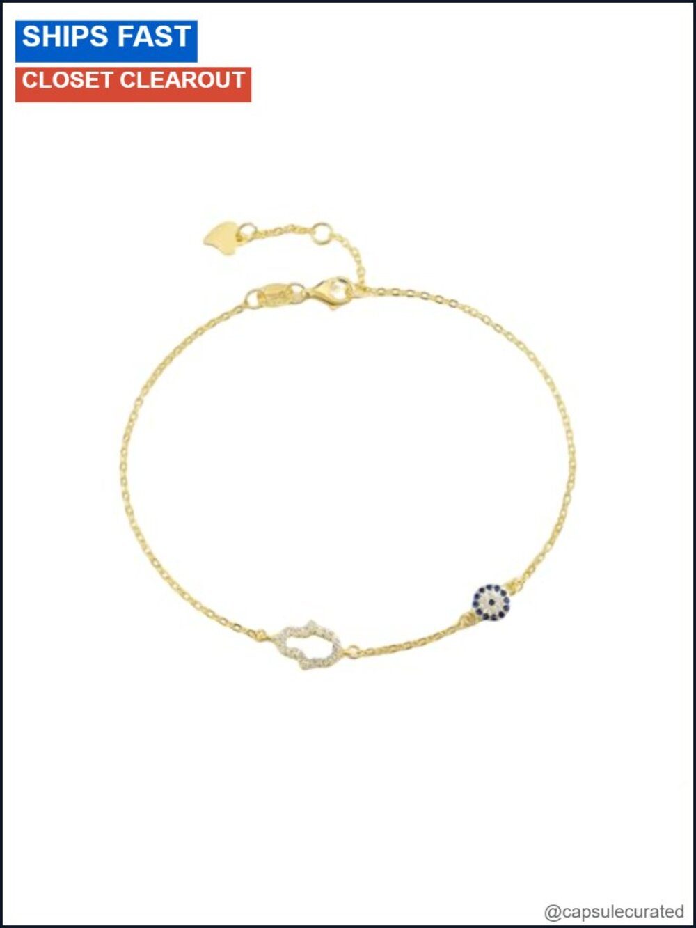 14K Gold Plated Evil Eye Hamsa Hand Bracelet Moissanite Adjustable Chain